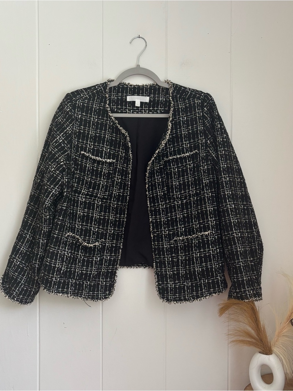 Adyson Parker Black and White Tweed Collarless Fringed Blazer